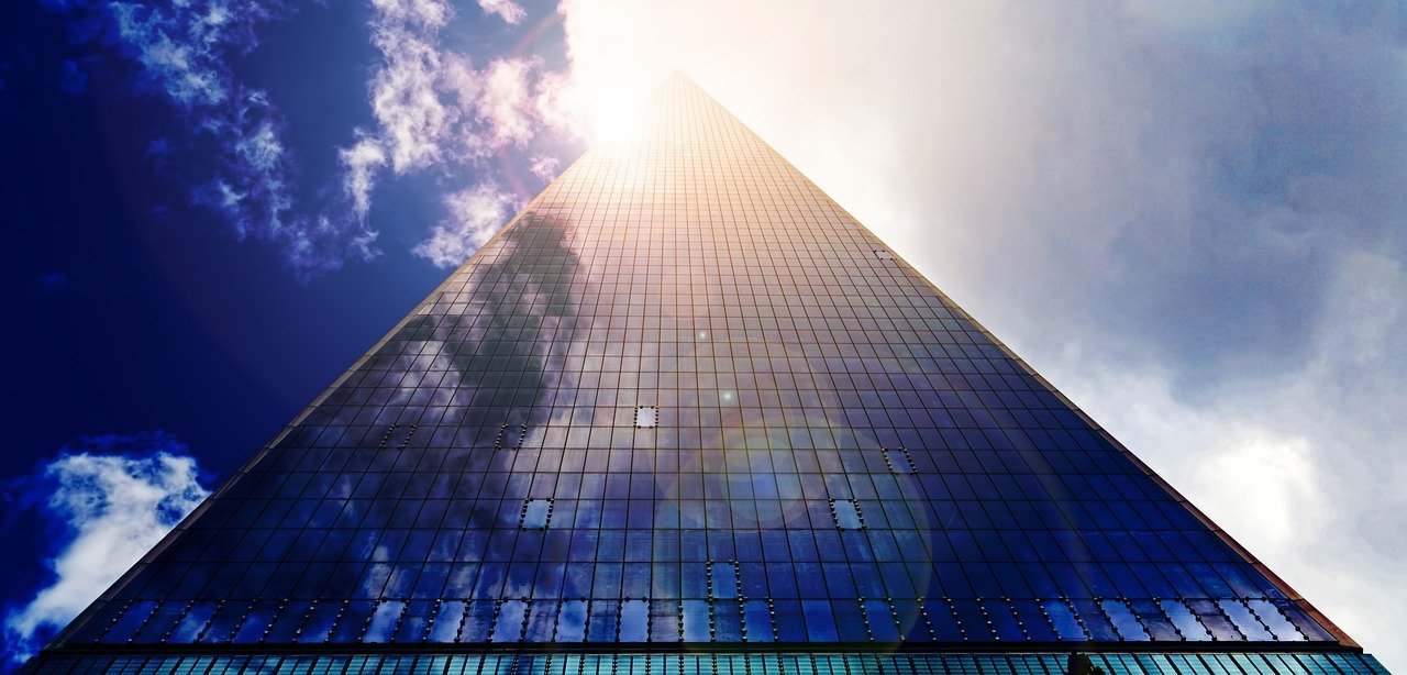 digital skyscraper, glass facade, facade, office building, architecture, heaven, sun, nature, shine, clouds, high, mood, new york, glass, glass palace, window, modern